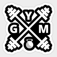 a black and white sticker with the word gym on it