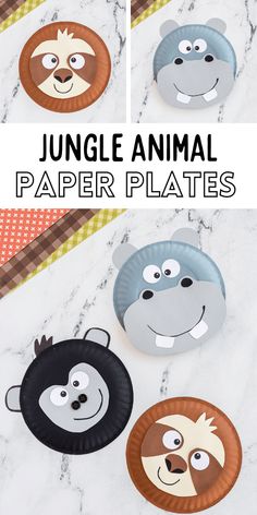 some paper plates with faces on them and the text jungle animal paper plates above it