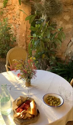 a table with food and water on it in front of a stone wall, next to a potted plant