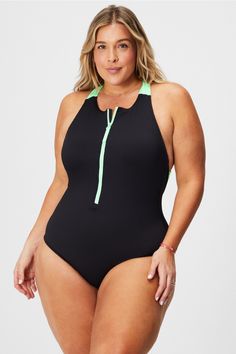 Zip-Front Racerback Shaping One-Piece Swimsuit Fabletics black female Activewear >> Womens >> Swim >> One-Pieces plus Swim Zip-front racerback one-piece swimsuit. Black Racerback Bodysuit For Swimming, Black Stretch Racerback Swimwear, Black Stretch Tankini For Water Sports, Black Racerback Swimwear For Water Sports, Black Halter Neck Swimwear For Workouts, Sporty Black Racerback Tankini, Sporty Black Halter Neck Swimwear, Female Activewear, Plus Swim