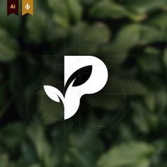 an image of the letter p in front of some green leaves and circles that appear to be part of a logo