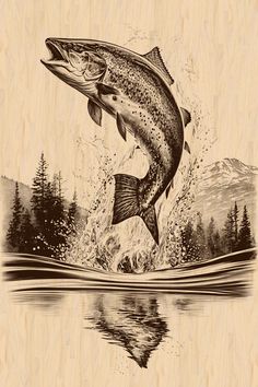 a drawing of a fish jumping out of the water