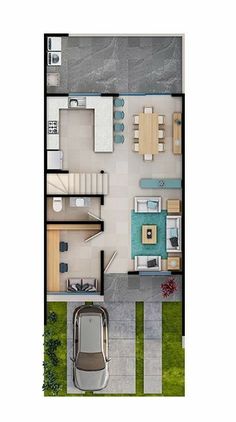 an overhead view of a house with a car parked in the driveway