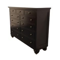 a black dresser with lots of drawers and knobs on it's sides, against a white background