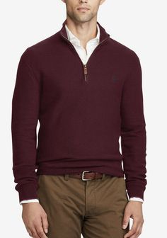 New Polo Ralph Lauren Men's Cotton Half-Zip Mockneck Sweater Size: large . Thanks to finely knit textured cotton, this lightweight layer from Polo Ralph Lauren is a staple you can keep in your rotation year-round. Size medium has an approx. 27" body length, 18" shoulder, 21" chest, and 24-3/4" sleeve length Sleeve length changes 1/2" between sizes Mockneck with interior contrast tipping Half-zip placket with a leather zipper pull Long sleeves Rib-knit cuffs with contrast tipping Rib-knit hem Sig Polo Sweater For Layering In Fall, Kate Spade Store, Half Zip Sweaters, Leather Zipper, Mock Neck Sweater, Polo Ralph Lauren Mens, Men's Knit, Half Zip, Sweater Sizes