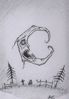 a drawing of the letter c with a creepy face and mouth hanging from it's side