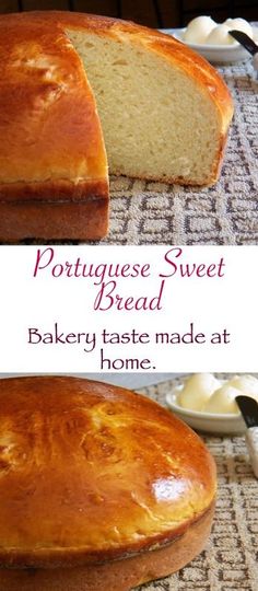 two pictures of bread on a table with the words portuguese sweet bread written below it