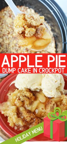 apple pie dump cake in crockpot with holiday gift box and text overlay