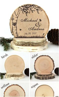 the steps to make a wood slice wedding cake topper