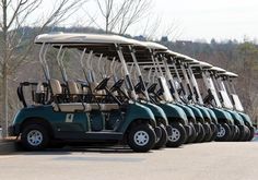 several golf carts lined up in a row on the side of the road with trees in the background