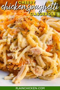 cheesy chicken spaghetti casserole on a white plate with text overlay