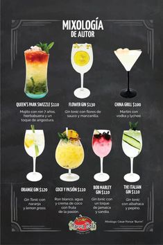 a menu with different types of cocktails on the chalkboard, including drinks and beverages