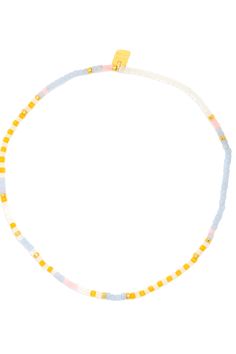 Pretty pastels with a story to tell this summer. The mixed seed bead anklet features a patterned design of four summery shades with gold spacer seeds placed in between. - String on durable nylon cord with stretch - Length of anklet is 9" - Because jewelry products are handcrafted by artisans, dimensions may vary from piece to piece Casual Gold Beaded Necklaces For Summer, Casual Gold Beaded Necklace For Summer, Adjustable Heart Beaded Necklaces For Summer, Adjustable Yellow Beaded Necklace For Spring, Gold Letter Beads Friendship Bracelets For Summer, Gold Friendship Bracelets With Letter Beads For Summer, Summer Gold Beaded Bracelets, Multicolor Hand-strung Beaded Necklaces For Summer, Multicolor Beaded Necklaces For Summer