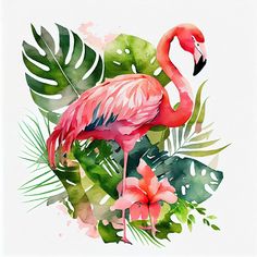 a watercolor painting of a pink flamingo surrounded by tropical leaves and flowers