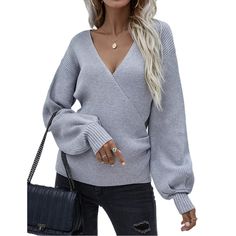 Gray Cross V Neck Knitted Pullover Sweater Gray Textured Knit Top For Fall, Gray Knit Top For Fall, Gray Knit Long Sleeve V-neck Sweater, Trendy Gray V-neck Sweater For Fall, Gray Knit V-neck Sweater For Spring, Long Sleeve V-neck Sweater With Ribbed Cuffs For Fall, Fall V-neck Sweater With Long Sleeves And Ribbed Cuffs, Gray Knit Top For Fall Layering, Fall Long Sleeve V-neck Sweater With Ribbed Cuffs