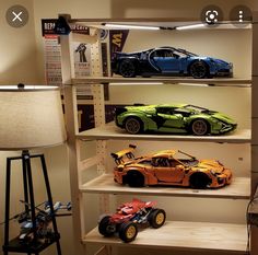 toy cars are displayed on shelves in a room