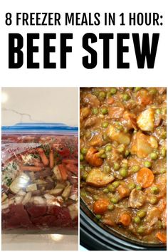 beef stew in a slow cooker with text overlay that reads 8 freeze meals in 1 hour beef stew