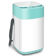 a white and blue portable air purigerator on a white background with a black handle