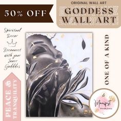 an image of a woman's face with gold dots on it and the words, 50 % off godess wall art