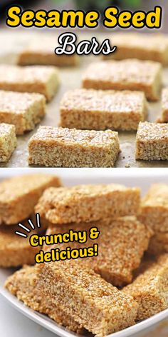 two pictures showing different types of sesame seed bars and the same one with instructions for how to make them