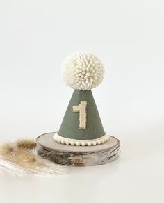 a green and white party hat sitting on top of a piece of wood with a fur tail