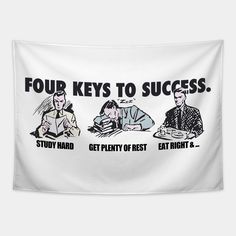 four keys to success banner with two men eating and one woman sitting at a table