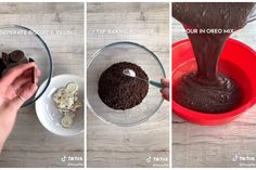 three pictures showing how to make chocolate cake