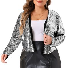 The open front loose long-sleeved blazer is a blazer decorated with sparkling sequins. A sequined design adds a touch of glamor and sparkle to the coat. It is usually suitable for special occasions such as parties or festive events where a more eye-catching and dazzling look is required. It can be paired with dresses, pants, etc. to create a stylish and charming overall look. The stylish and festive women's plus size outfits are perfect for the holiday season, allowing you to showcase your uniqu Glamorous Long Sleeve Holiday Outerwear, Fitted Cardigan For Fall Party, Long Sleeve Party Outerwear For Christmas, Holiday Night Out Long Sleeve Outerwear, Long Sleeve Christmas Party Outerwear, Holiday Night Out Outerwear Long Sleeve, Sequin Winter Cardigan For Night Out, Glamorous Long Sleeve Fall Outerwear, Glamorous Long Sleeve Outerwear For Fall