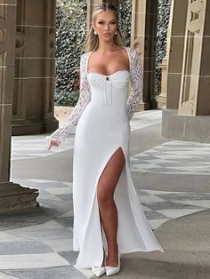 44185920405692|44185920503996|44185920635068 Sheer Long Sleeve Wedding Dress, White Strappy Heels, Slim Bodycon Dress, Tousled Hair, Bachelorette Outfits, Maxi Dress Sale, White Dress Party, Strapless Maxi, Lace Long Sleeve