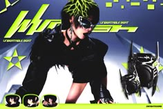 a woman in black outfit and sunglasses on cover of an electronic sport advertisment