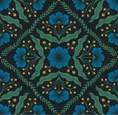 a blue and green floral pattern on a black background with yellow berries in the center