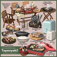 an advertisement for tepanyaki featuring barbecue grills and picnic tables