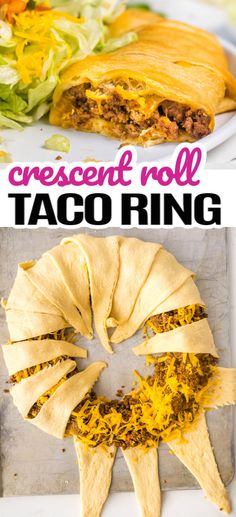 crescent roll taco ring on a plate with lettuce