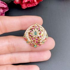 Featuring a jadau ring made in 22ct gold and embellished with rubies, emeralds and pearls. The ring weighs 4.6 GMs Price Breakup Summary Component Rupees % of Total 22k Gold 21,912 72.8% Stones & Beads 2,376 7.9% Making Charges 3,944 13.1% Taxes (GST) 847 3.0% Total 30,079 100.0% View Detailed Price Breakup Watch Video Here 22k Gold Jewelry Necklaces, 22k Gold Jewelry, Pearl Necklace Set, Gold Jewelry Necklace, Emerald Necklace, Gold Bangle Bracelet, 22k Gold, Pendant Set, Gold Plated Jewelry