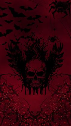 a skull with wings and bats on it's head in the middle of a red background