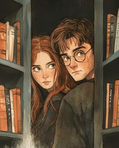 two people standing in front of a bookshelf with harry potters on it