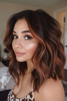 Dark Brown Auburn Highlights, Brown Fall Balayage Hair, Fall Hair Side Part, Caramel Hair On Black Hair, Chocolate Brown Hair With Red Money Piece, Medium Brown To Red Balayage, Balayage Hair Medium Length Dark Roots, Black Hair Copper Balayage, Brunette Orange Balayage