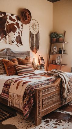 a bed sitting in a bedroom next to a cow print wall hanging on the wall