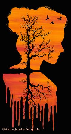 an orange and black poster with a tree in the shape of a woman's head