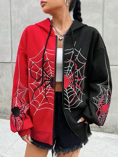 Sudadera Con Capucha Con Cordón Para Mujer Con Estampado Con Diseño De Telaraña En Contraste Multicolor Casual  manga larga Tela tejida Gráfico Cremallera Elástico Ligero  Women Clothing, size features are:Bust: ,Length: ,Sleeve Length: Spider Man Denim Jacket, Spiderman Clothing, Spiderman Inspired Outfit, Spider Man Jacket, Spider Man Hoodie, Spiderman Hoodie, Spiderman Outfit, Punk Style Outfits, Color Block Hoodie