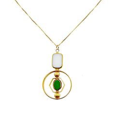 Art Glass & Gold Necklace - This necklace incorporates freshwater pearls and features vintage German glass beads framed in 24k gold and hand-pressed in the 20th century. The eye-catching geometric metal frames are 24K gold-plated over brass and have been coated for anti-tarnish. A 14k gold-filled chain and a spring ring clasp complete the piece. This necklace is composed of naturally-found items; no two are exactly alike. Modern Gold Glass Jewelry, Elegant Glass Rectangular Pendant Jewelry, Modern Gold Glass Necklace, White Art Deco, Vintage Pendant Necklace, Bead Frame, Art Deco Pendant, Art Deco Necklace, Metal Frames