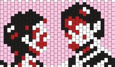 the pixel art is made up of black and white squares, with red dots on them