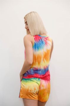 🖤 Item features: Rainbow, tie-dye print, crew neckline tank top, elasticized waistline shorts, adjustable drawstring, two side pockets, mini length, loose fit, stretchy, unlined, loungewear, comfy, trendy, breathable Comfortable Multicolor Summer Sleepwear, Multicolor Casual Summer Sleepwear, Casual Multicolor Summer Sleepwear, Multicolor Cotton Summer Sleepwear, Trendy Multicolor Summer Sleepwear, Multicolor Casual Tank Top For Loungewear, Casual Multicolor Tank Top For Loungewear, Multicolor Sleeveless Tank Top For Loungewear, Multicolor Sleeveless Cotton Sleepwear