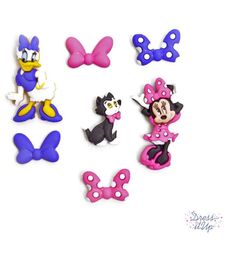 mickey mouse and other disney character magnets on a white surface with butterfly, penguin, minnie