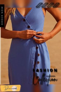 Women Solid V Neck Buttoned Sleeveless Dress Sleeveless Button Sundress For Spring, Summer Sundress With Spaghetti Straps And Buttons, Sleeveless Maxi Dress With Buttons, Fitted Sleeveless Maxi Dress With Buttons, Sleeveless Buttoned Midi Dress For Summer, Sleeveless Midi Dress With Buttons For Summer, Summer Sleeveless Midi Dress With Buttons, Sleeveless V-neck Dress With Buttons For Beach, Sleeveless Buttoned Beach Dress