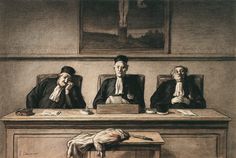 three men sitting at a desk in front of a painting