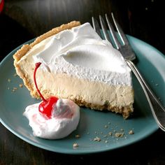 a slice of root beer float pie on a blue plate