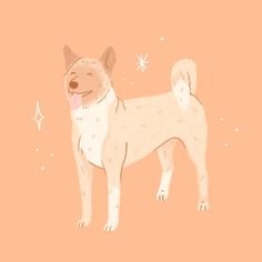 a drawing of a dog standing in front of an orange background with snowflakes