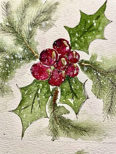 watercolor painting of holly with red berries and green leaves