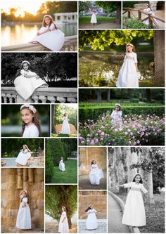 a collage of photos with white dresses and flowers